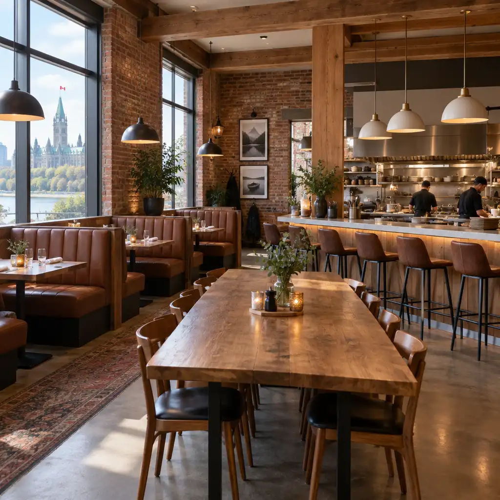 Interior of a modern Canadian dining room with cozy booths, a long communal table, bar seating, exposed brick, and soft pendant lighting