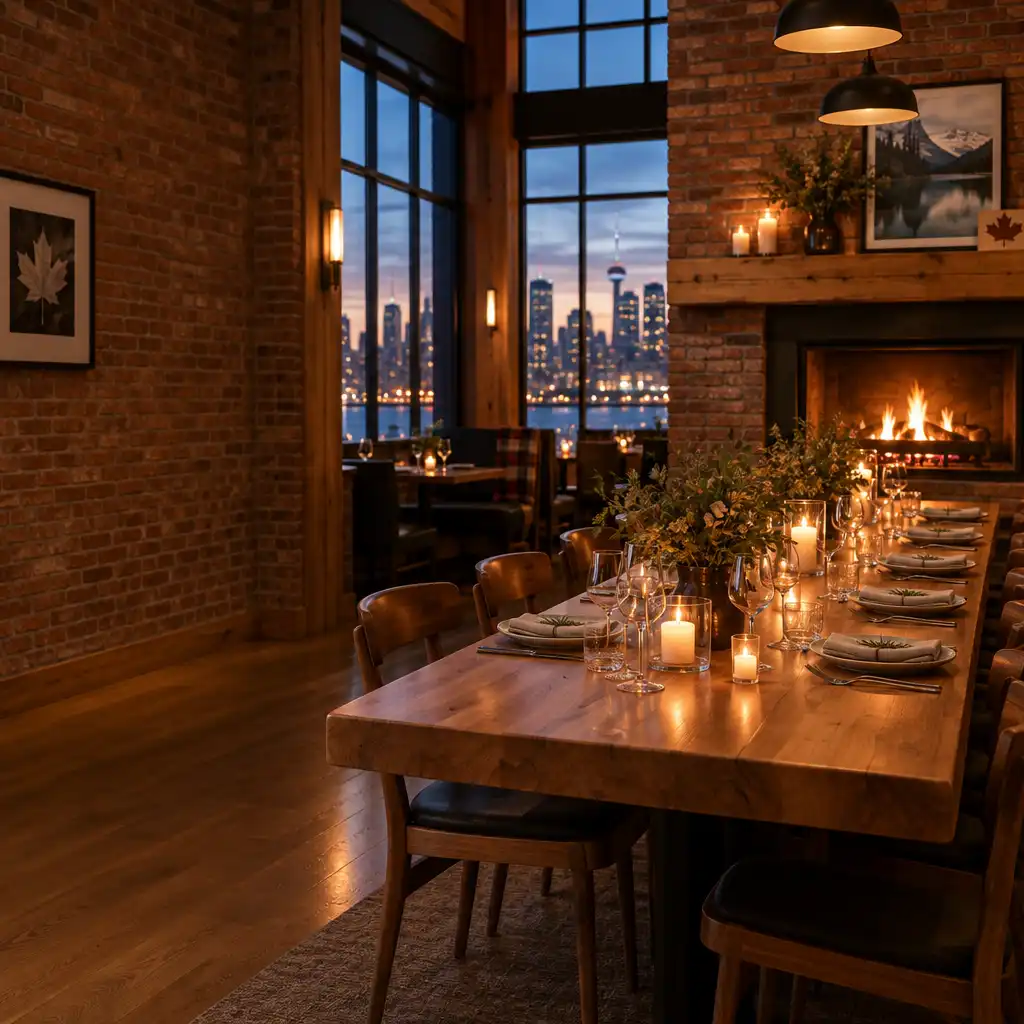 Warm, inviting contemporary Canadian restaurant interior at dusk with a long wooden communal table, candlelight, and a brick fireplace