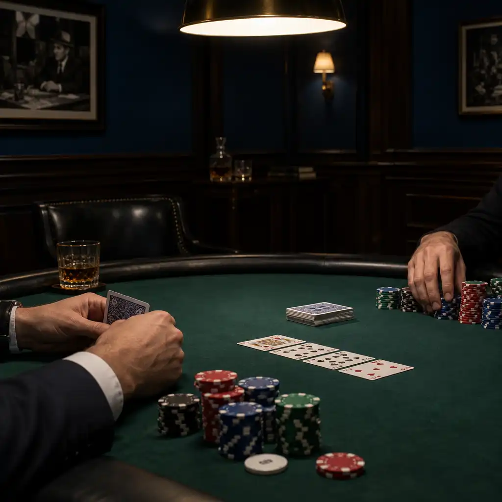 Refined physical poker room with a green felt table, real clay chips, a deck of cards, deep mineral blue walls, and focused overhead lighting