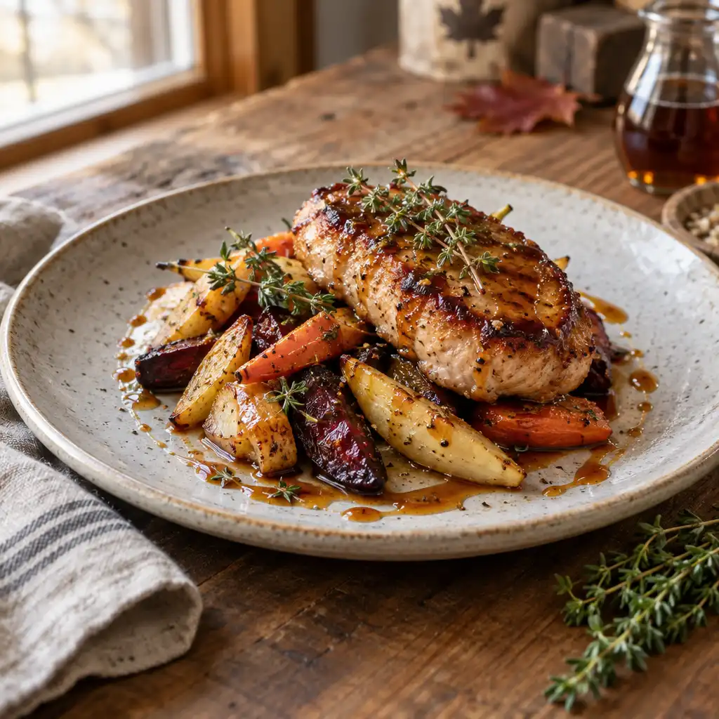 Beautifully plated seasonal Canadian dish with roasted root vegetables, seared protein, and maple glaze on a rustic wooden table