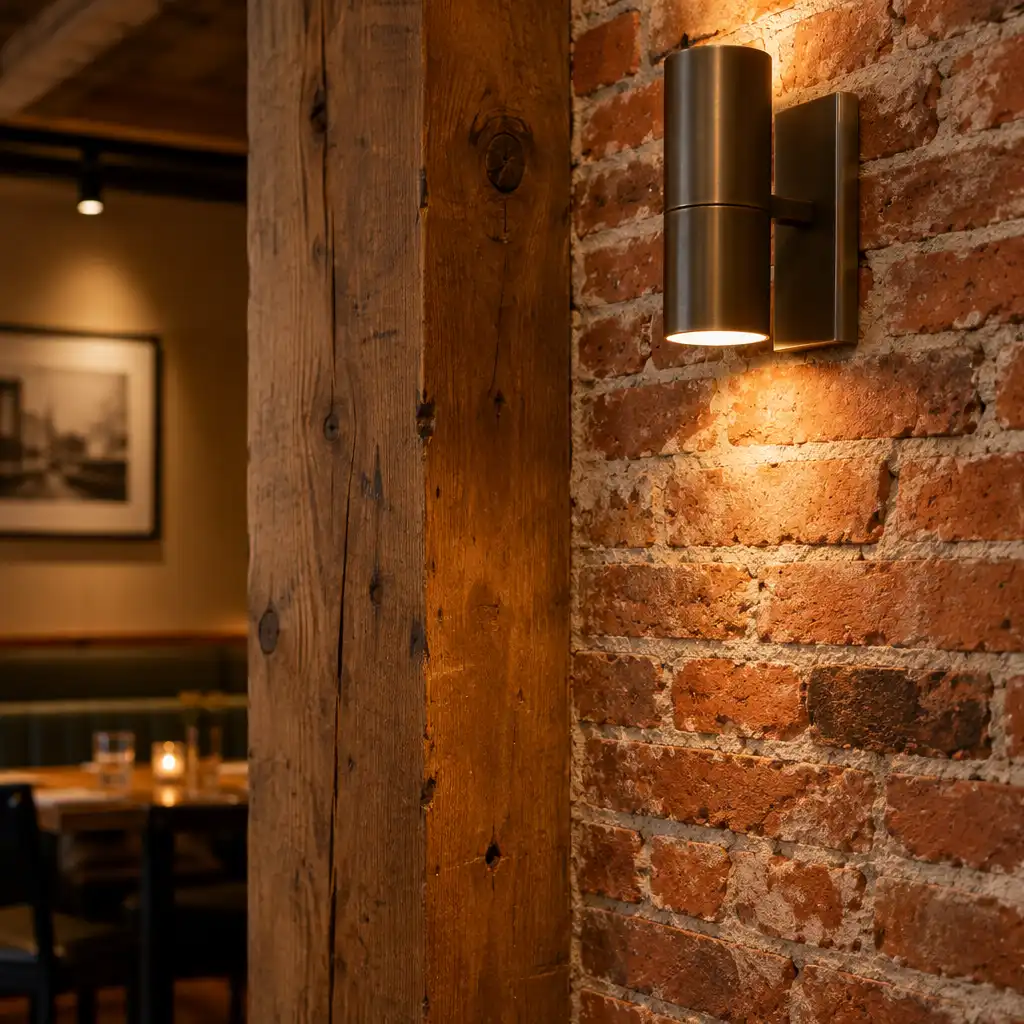 Exposed brick wall with a wooden beam and custom metal light fixture