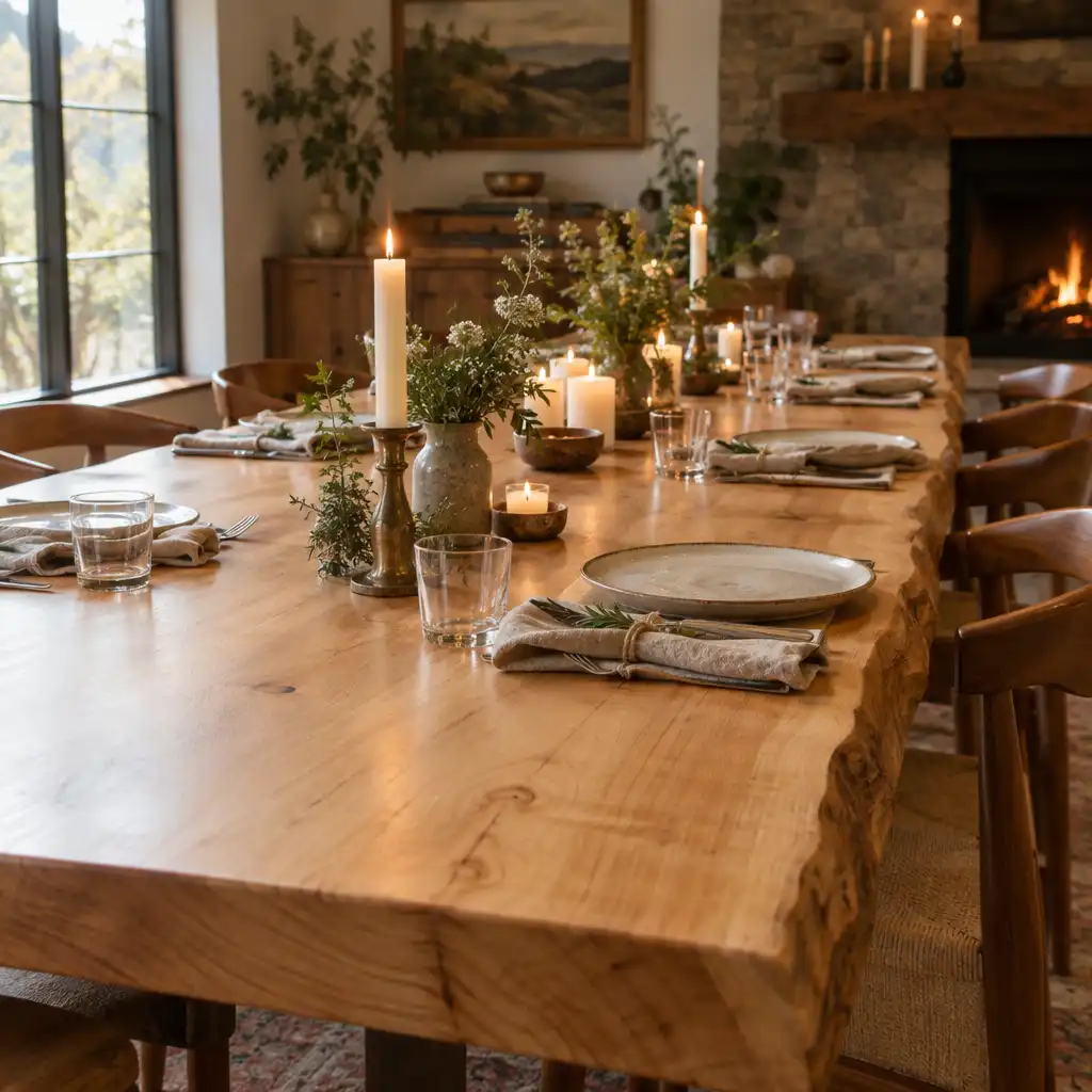 Long communal table made from a single slab of maple wood, set with ceramic plates, linen napkins, and candles