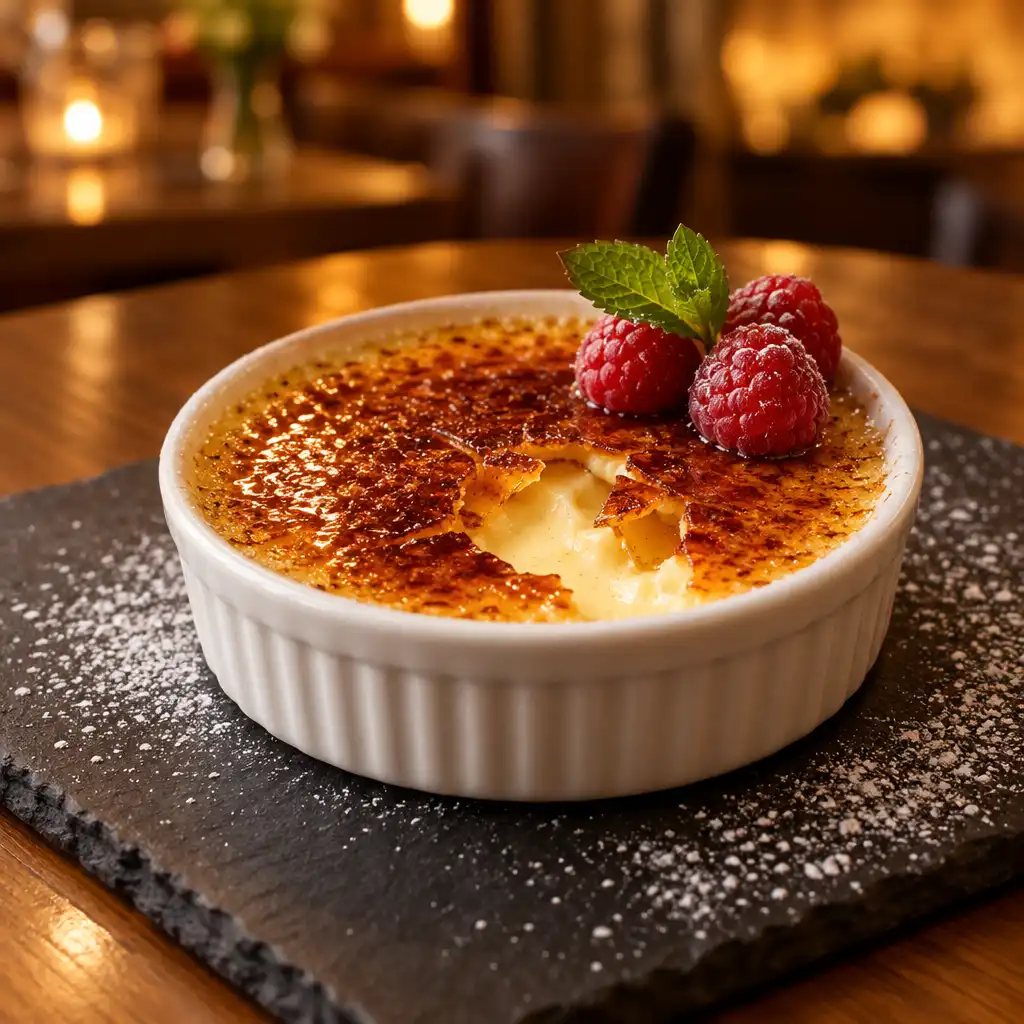 Maple crème brûlée with a caramelized sugar top, fresh raspberries, and a mint leaf on a slate board.