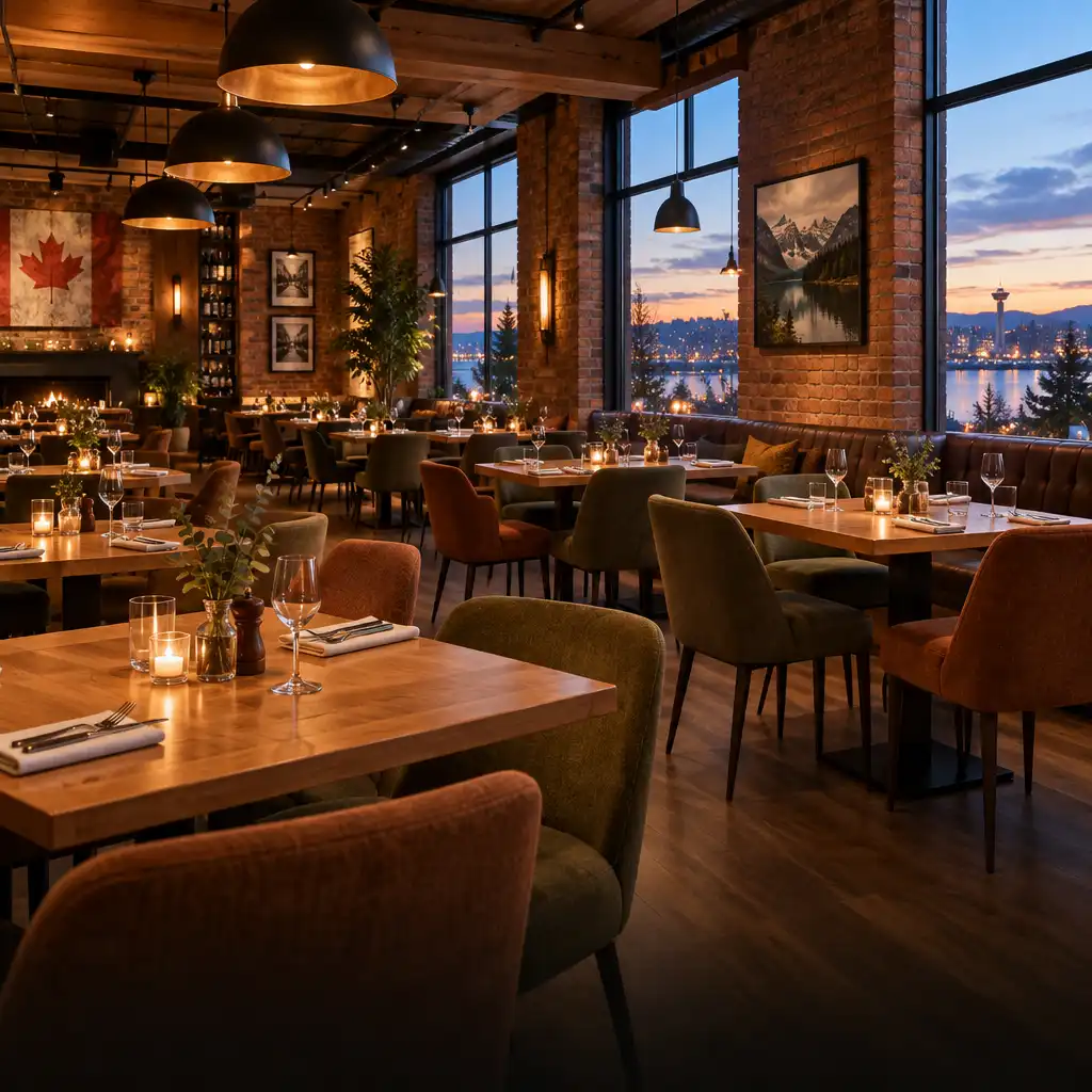 Warm, contemporary dining room with maple wood tables, upholstered chairs, pendant lighting, and exposed brick walls