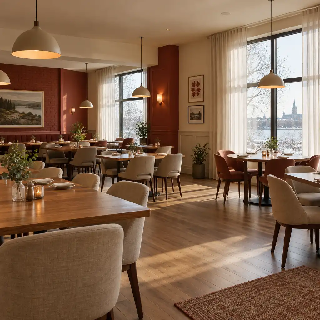 Warm interior of the MAPLE HEARTH ROOM dining room with wood tables and soft pendant lighting