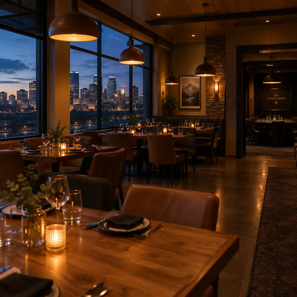 Warmly lit dining room at MAPLE HEARTH ROOM in the evening, with tables set for dinner and a doorway hinting at the separate poker area