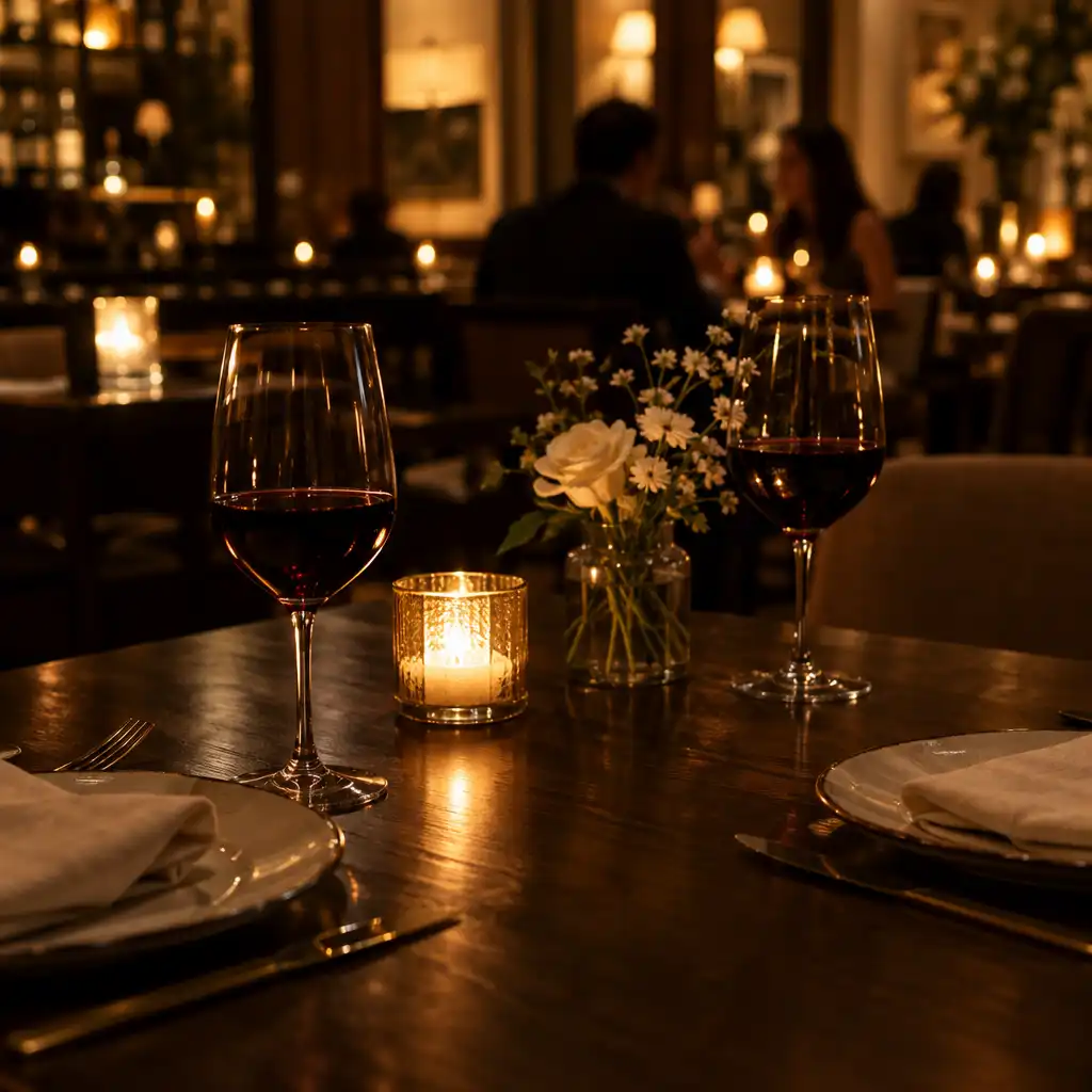 Candlelit evening dining table with wine glasses and soft warm lighting