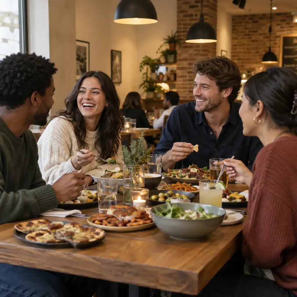 Group of friends laughing and sharing dishes at a large wooden table in the warm dining room