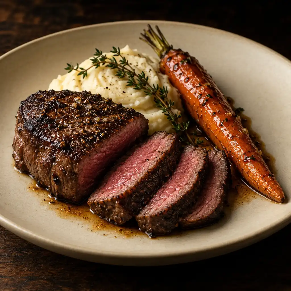 Sliced Alberta beef steak with maple-glazed carrot, whipped potatoes, and fresh thyme on a ceramic plate.