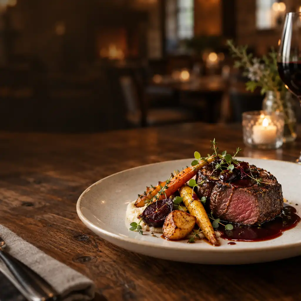 A plated Alberta beef tenderloin with roasted root vegetables and a red wine reduction on a rustic wooden table in a softly lit supper room.