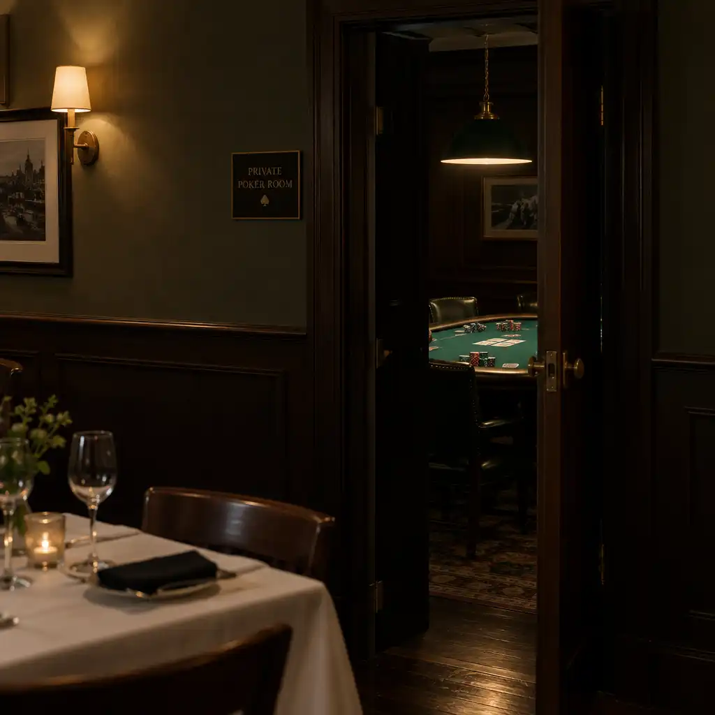 Discreet doorway leading to a physical poker room with a green felt table visible in the distance