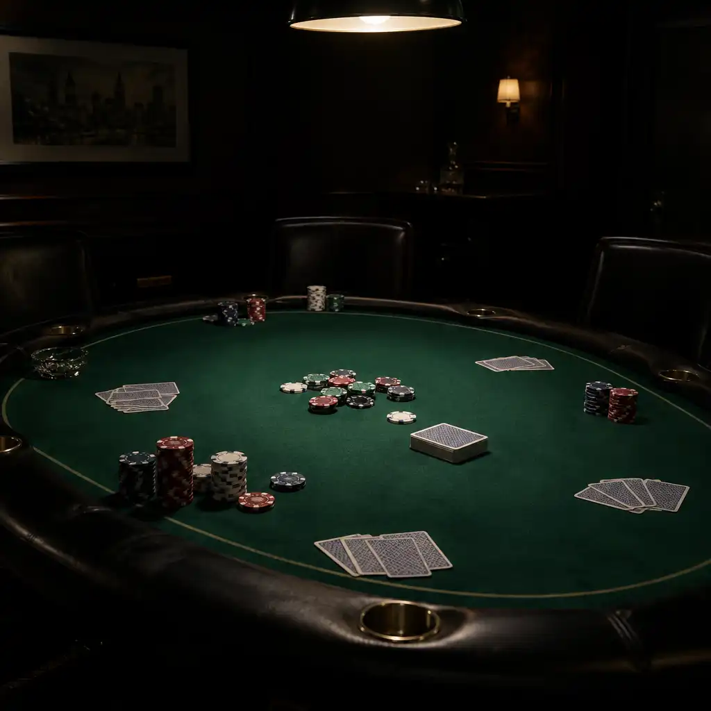 Dimly lit physical poker table with green felt, chips, and cards, conveying focus and concentration