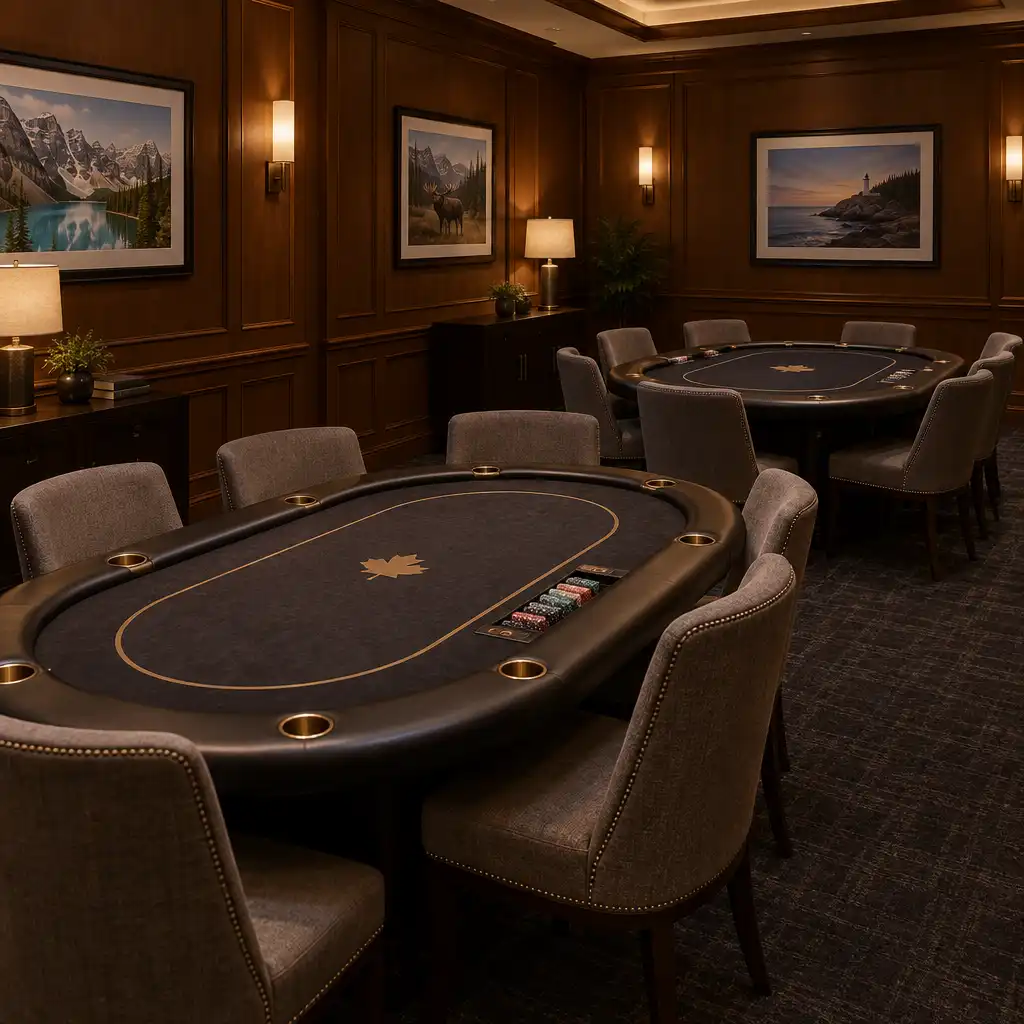 Interior of the MAPLE HEARTH ROOM Poker Room with two professional tables, upholstered chairs, dark carpet, and warm wood paneling