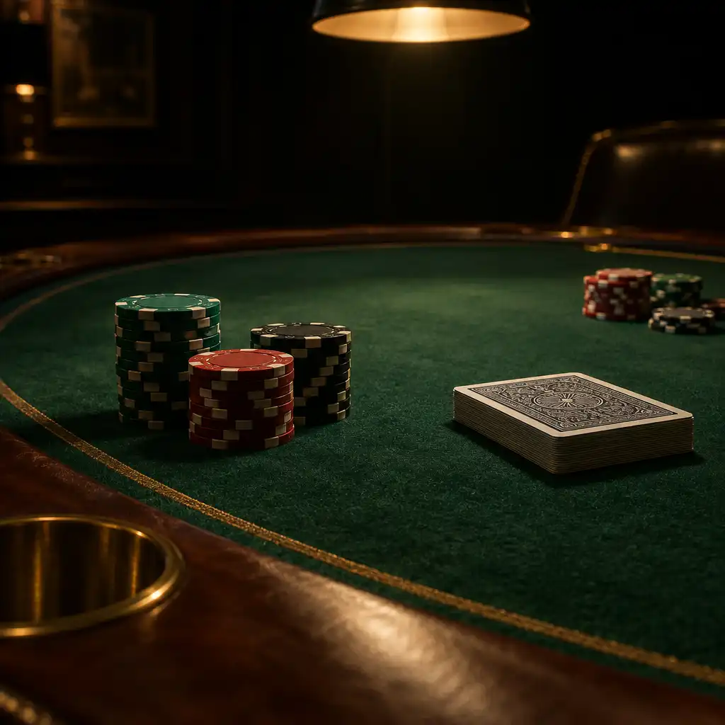 Physical poker table with green felt, clay chips, and a deck of cards under a warm spotlight