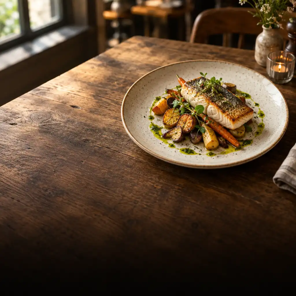 A beautifully plated seasonal dish with roasted root vegetables and seared fish on a rustic wooden table
