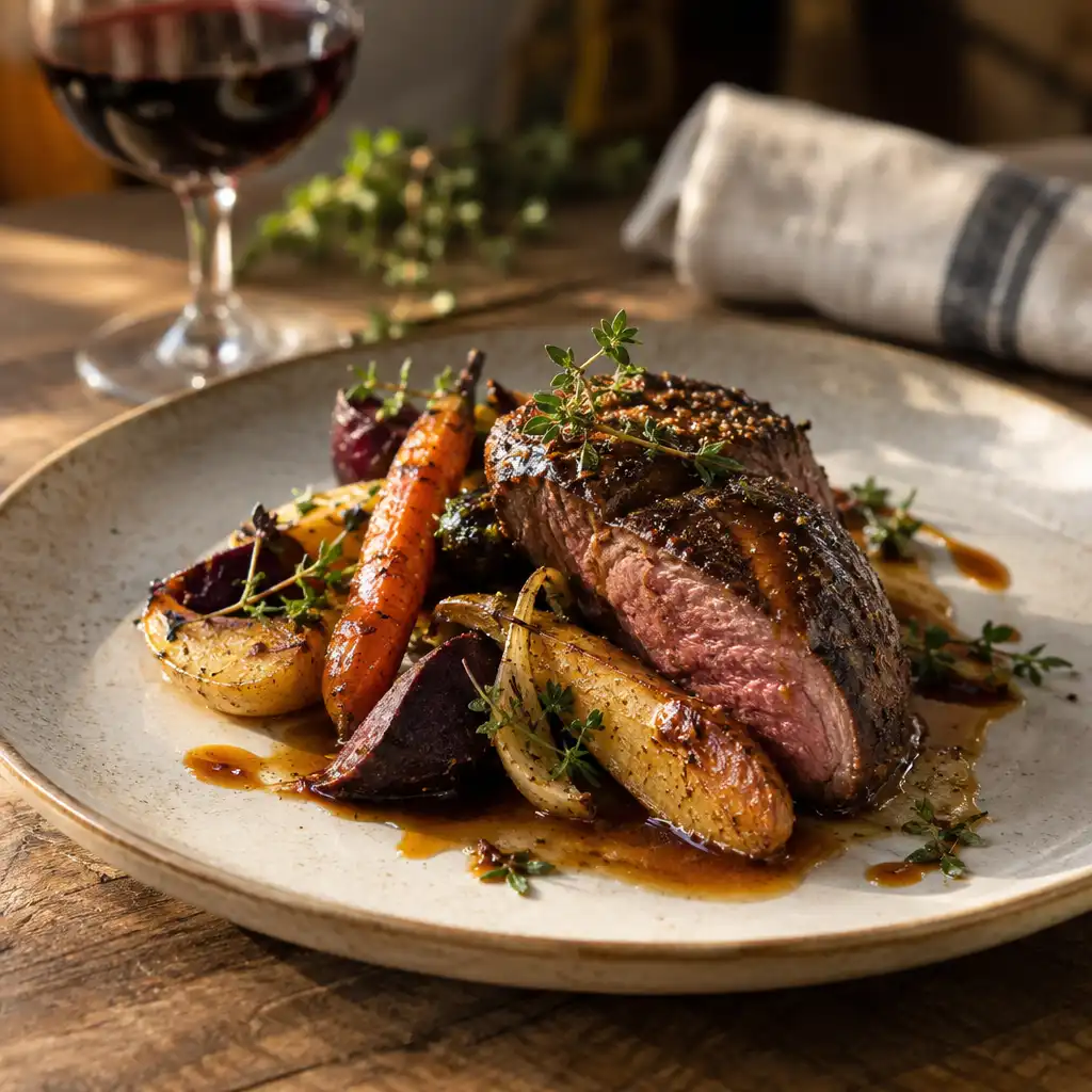Plated seasonal Canadian dish with roasted vegetables and seared game meat, served on a rustic wooden table
