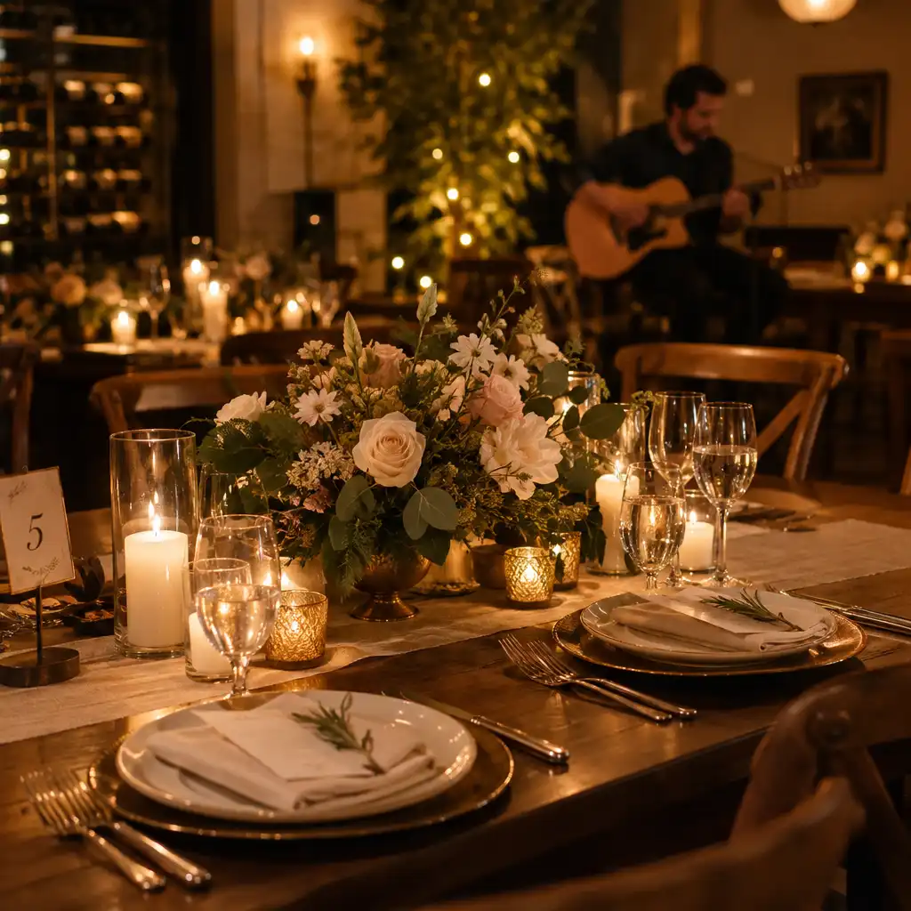 Beautifully set table for a special event with flowers, candles, and elegant place settings